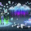 Futuristisches Titelbild mit digitalem Datenstrom, Geräten wie Laptop und Smartphone, und moderner Person, die inmitten von Visualisierungen steht. Hintergrund mit surrealen, verblassenden Datenstapeln und klaren Diagrammen.