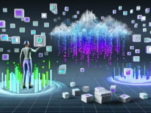 Futuristisches Titelbild mit digitalem Datenstrom, Geräten wie Laptop und Smartphone, und moderner Person, die inmitten von Visualisierungen steht. Hintergrund mit surrealen, verblassenden Datenstapeln und klaren Diagrammen.