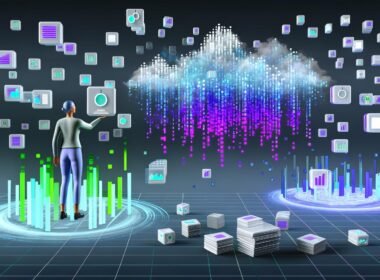 Futuristisches Titelbild mit digitalem Datenstrom, Geräten wie Laptop und Smartphone, und moderner Person, die inmitten von Visualisierungen steht. Hintergrund mit surrealen, verblassenden Datenstapeln und klaren Diagrammen.