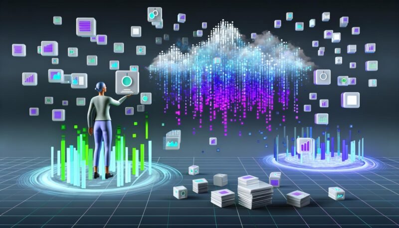 Futuristisches Titelbild mit digitalem Datenstrom, Geräten wie Laptop und Smartphone, und moderner Person, die inmitten von Visualisierungen steht. Hintergrund mit surrealen, verblassenden Datenstapeln und klaren Diagrammen.