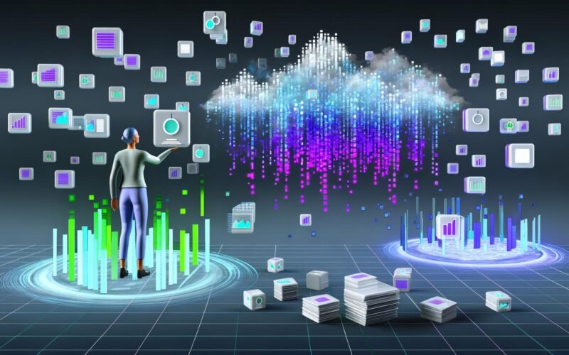 Futuristisches Titelbild mit digitalem Datenstrom, Geräten wie Laptop und Smartphone, und moderner Person, die inmitten von Visualisierungen steht. Hintergrund mit surrealen, verblassenden Datenstapeln und klaren Diagrammen.
