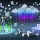 Futuristisches Titelbild mit digitalem Datenstrom, Geräten wie Laptop und Smartphone, und moderner Person, die inmitten von Visualisierungen steht. Hintergrund mit surrealen, verblassenden Datenstapeln und klaren Diagrammen.