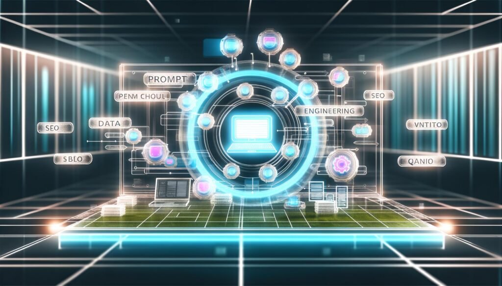 Moderne Illustration eines digitalen Marketing-Workspaces mit transparentem Dashboard, schwebenden Schlagwörtern wie Prompt Engineering, SEO, Datenintegration und Qualitätskontrolle sowie Zusammenarbeit von Mensch und KI im cleanen, technikorientierten Stil.