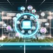 Moderne Illustration eines digitalen Marketing-Workspaces mit transparentem Dashboard, schwebenden Schlagwörtern wie Prompt Engineering, SEO, Datenintegration und Qualitätskontrolle sowie Zusammenarbeit von Mensch und KI im cleanen, technikorientierten Stil.
