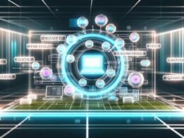 Moderne Illustration eines digitalen Marketing-Workspaces mit transparentem Dashboard, schwebenden Schlagwörtern wie Prompt Engineering, SEO, Datenintegration und Qualitätskontrolle sowie Zusammenarbeit von Mensch und KI im cleanen, technikorientierten Stil.