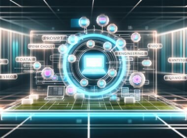 Moderne Illustration eines digitalen Marketing-Workspaces mit transparentem Dashboard, schwebenden Schlagwörtern wie Prompt Engineering, SEO, Datenintegration und Qualitätskontrolle sowie Zusammenarbeit von Mensch und KI im cleanen, technikorientierten Stil.