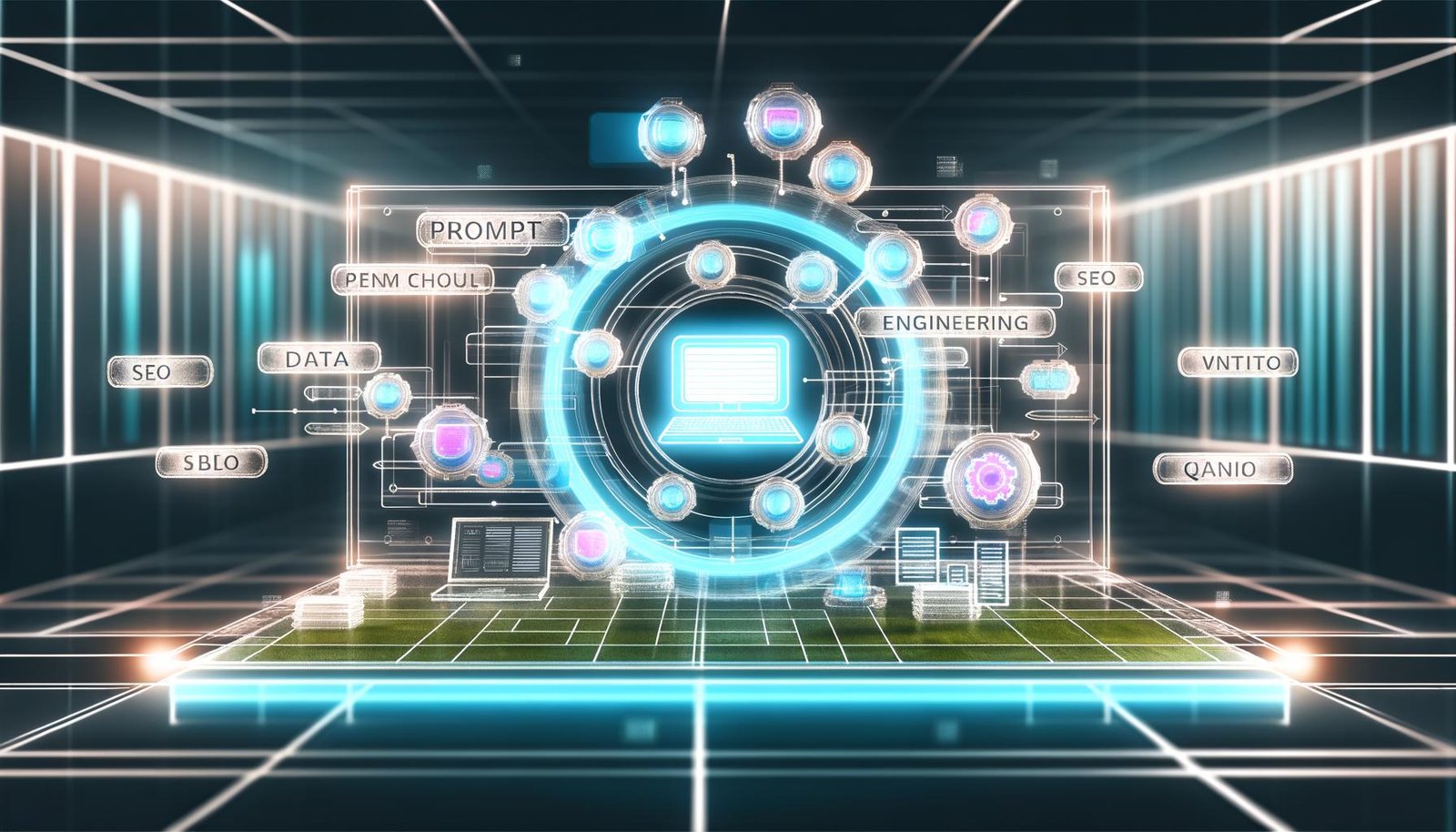 Moderne Illustration eines digitalen Marketing-Workspaces mit transparentem Dashboard, schwebenden Schlagwörtern wie Prompt Engineering, SEO, Datenintegration und Qualitätskontrolle sowie Zusammenarbeit von Mensch und KI im cleanen, technikorientierten Stil.