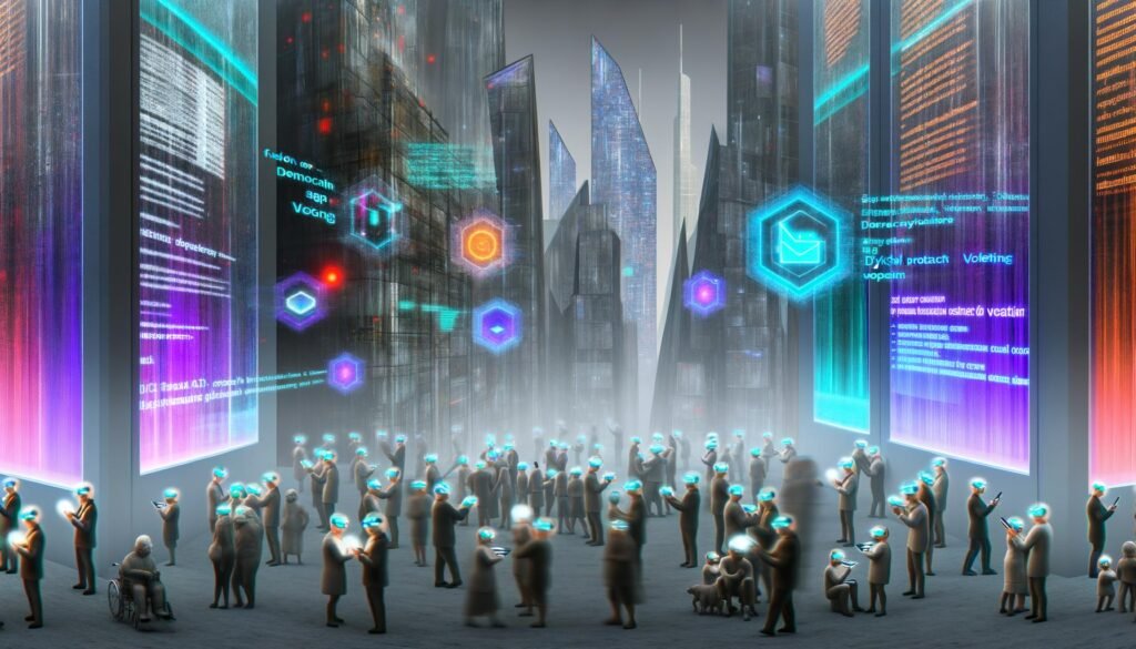 Futuristische Stadtlandschaft 2040 mit Neon, Glasfassaden und digital vernetzten Menschen, die über Blockchain und holographische Interfaces abstimmen.