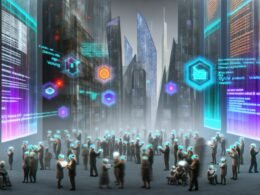 Futuristische Stadtlandschaft 2040 mit Neon, Glasfassaden und digital vernetzten Menschen, die über Blockchain und holographische Interfaces abstimmen.