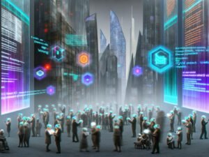 Futuristische Stadtlandschaft 2040 mit Neon, Glasfassaden und digital vernetzten Menschen, die über Blockchain und holographische Interfaces abstimmen.