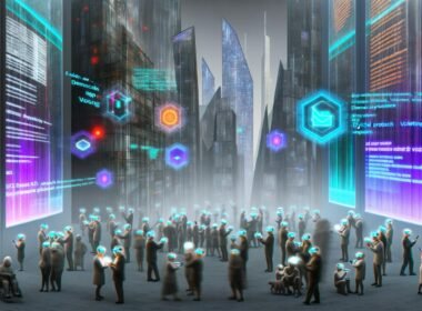 Futuristische Stadtlandschaft 2040 mit Neon, Glasfassaden und digital vernetzten Menschen, die über Blockchain und holographische Interfaces abstimmen.