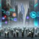 Futuristische Stadtlandschaft 2040 mit Neon, Glasfassaden und digital vernetzten Menschen, die über Blockchain und holographische Interfaces abstimmen.