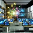 Modernes Büro mit großen Monitoren, komplexen Dashboards, bunten Datenflüssen und zentraler Datenplattform