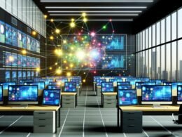 Modernes Büro mit großen Monitoren, komplexen Dashboards, bunten Datenflüssen und zentraler Datenplattform