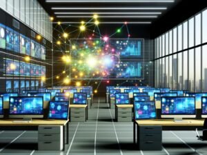 Modernes Büro mit großen Monitoren, komplexen Dashboards, bunten Datenflüssen und zentraler Datenplattform