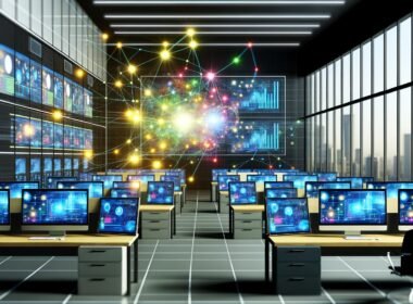 Modernes Büro mit großen Monitoren, komplexen Dashboards, bunten Datenflüssen und zentraler Datenplattform