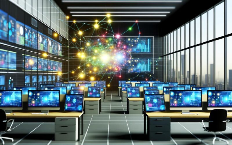 Modernes Büro mit großen Monitoren, komplexen Dashboards, bunten Datenflüssen und zentraler Datenplattform