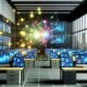 Modernes Büro mit großen Monitoren, komplexen Dashboards, bunten Datenflüssen und zentraler Datenplattform