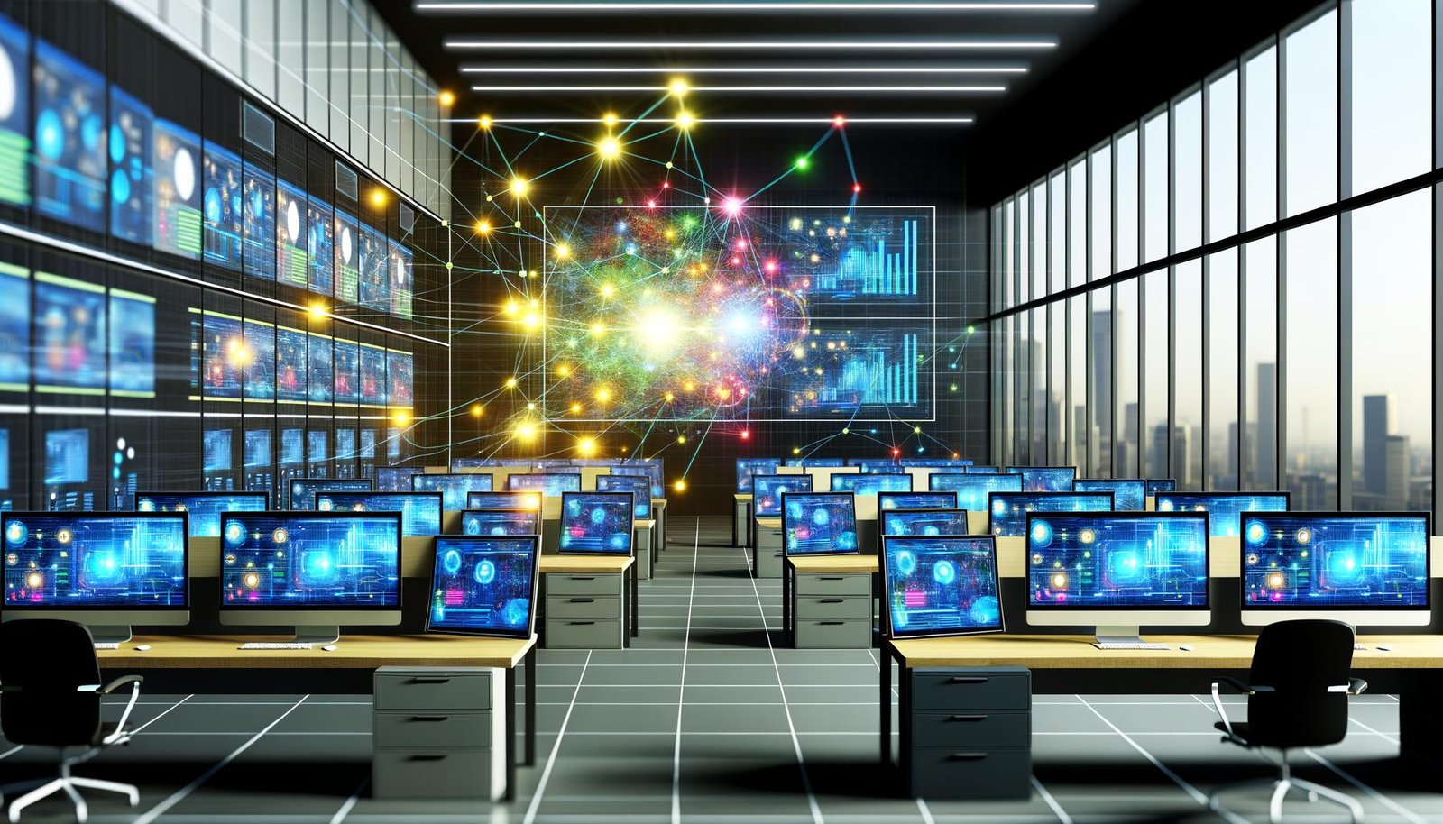 Modernes Büro mit großen Monitoren, komplexen Dashboards, bunten Datenflüssen und zentraler Datenplattform