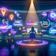 Futuristisches Großraumbüro mit Marketerin, umgeben von holografischen KI-Texttools wie ChatGPT, Jasper und SurferSEO, dynamische Workflow-Grafik und Teamarbeit zwischen Mensch und KI; zeigt kreative und strukturierte Marketingprozesse.