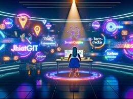 Futuristisches Großraumbüro mit Marketerin, umgeben von holografischen KI-Texttools wie ChatGPT, Jasper und SurferSEO, dynamische Workflow-Grafik und Teamarbeit zwischen Mensch und KI; zeigt kreative und strukturierte Marketingprozesse.