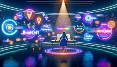 Futuristisches Großraumbüro mit Marketerin, umgeben von holografischen KI-Texttools wie ChatGPT, Jasper und SurferSEO, dynamische Workflow-Grafik und Teamarbeit zwischen Mensch und KI; zeigt kreative und strukturierte Marketingprozesse.