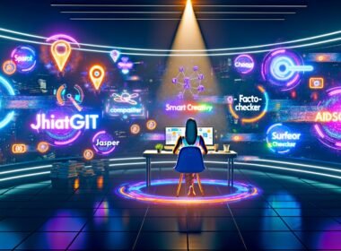 Futuristisches Großraumbüro mit Marketerin, umgeben von holografischen KI-Texttools wie ChatGPT, Jasper und SurferSEO, dynamische Workflow-Grafik und Teamarbeit zwischen Mensch und KI; zeigt kreative und strukturierte Marketingprozesse.