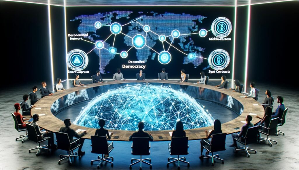 Menschen verschiedener Herkunft sitzen an einem kreisrunden Tisch aus transparenten Bildschirmen mit Blockchain-Netzwerken, Token-Symbolen und Smart Contracts, während eine vernetzte Weltkarte und ein Hologramm mit dem Schriftzug 'Dezentralisierte Demokratie' im Raum schweben.