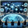 Menschen verschiedener Herkunft sitzen an einem kreisrunden Tisch aus transparenten Bildschirmen mit Blockchain-Netzwerken, Token-Symbolen und Smart Contracts, während eine vernetzte Weltkarte und ein Hologramm mit dem Schriftzug 'Dezentralisierte Demokratie' im Raum schweben.