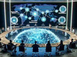 Menschen verschiedener Herkunft sitzen an einem kreisrunden Tisch aus transparenten Bildschirmen mit Blockchain-Netzwerken, Token-Symbolen und Smart Contracts, während eine vernetzte Weltkarte und ein Hologramm mit dem Schriftzug 'Dezentralisierte Demokratie' im Raum schweben.