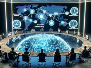 Menschen verschiedener Herkunft sitzen an einem kreisrunden Tisch aus transparenten Bildschirmen mit Blockchain-Netzwerken, Token-Symbolen und Smart Contracts, während eine vernetzte Weltkarte und ein Hologramm mit dem Schriftzug 'Dezentralisierte Demokratie' im Raum schweben.