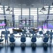 Futuristisches Großraumbüro mit Marketern, die vor großen Displays mit KI-Inhaltsanalysen und strategischen Hologrammen arbeiten