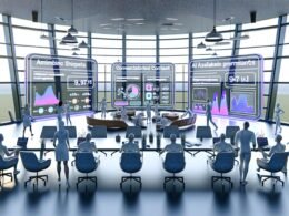 Futuristisches Großraumbüro mit Marketern, die vor großen Displays mit KI-Inhaltsanalysen und strategischen Hologrammen arbeiten