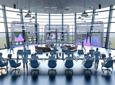 Futuristisches Großraumbüro mit Marketern, die vor großen Displays mit KI-Inhaltsanalysen und strategischen Hologrammen arbeiten