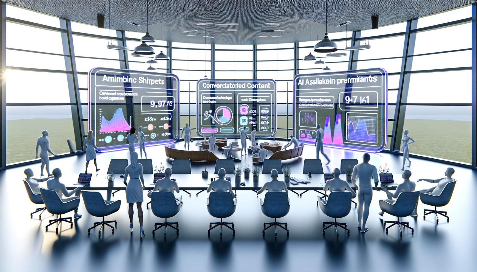 Futuristisches Großraumbüro mit Marketern, die vor großen Displays mit KI-Inhaltsanalysen und strategischen Hologrammen arbeiten