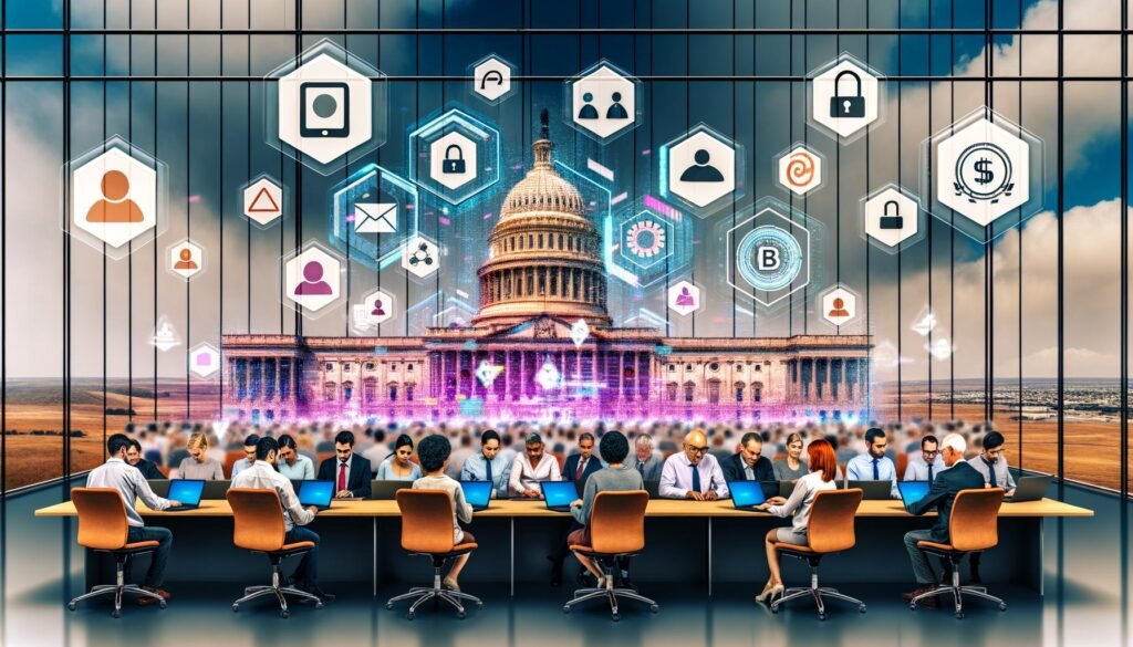 Vielfältige Menschen bedienen an Laptops und Smartphones eine große, transparente digitale Wand mit Symbolen für eID, Blockchain, Online-Abstimmungen und digitale Signaturen. Regierung und Technologie verschmelzen in einer futuristischen Büroszene.
