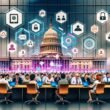 Vielfältige Menschen bedienen an Laptops und Smartphones eine große, transparente digitale Wand mit Symbolen für eID, Blockchain, Online-Abstimmungen und digitale Signaturen. Regierung und Technologie verschmelzen in einer futuristischen Büroszene.