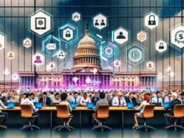 Vielfältige Menschen bedienen an Laptops und Smartphones eine große, transparente digitale Wand mit Symbolen für eID, Blockchain, Online-Abstimmungen und digitale Signaturen. Regierung und Technologie verschmelzen in einer futuristischen Büroszene.