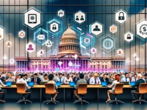 Vielfältige Menschen bedienen an Laptops und Smartphones eine große, transparente digitale Wand mit Symbolen für eID, Blockchain, Online-Abstimmungen und digitale Signaturen. Regierung und Technologie verschmelzen in einer futuristischen Büroszene.