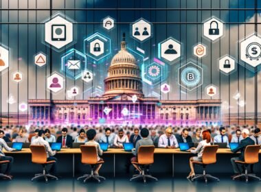 Vielfältige Menschen bedienen an Laptops und Smartphones eine große, transparente digitale Wand mit Symbolen für eID, Blockchain, Online-Abstimmungen und digitale Signaturen. Regierung und Technologie verschmelzen in einer futuristischen Büroszene.