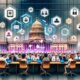 Vielfältige Menschen bedienen an Laptops und Smartphones eine große, transparente digitale Wand mit Symbolen für eID, Blockchain, Online-Abstimmungen und digitale Signaturen. Regierung und Technologie verschmelzen in einer futuristischen Büroszene.