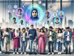 Futuristische digitale Bürger unterschiedlicher Herkunft bedienen in einer lichtdurchfluteten Stadt Hologramme für digitale Identität, Blockchain und Netzwerke, unterstützt von modernen Technologien.