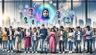 Futuristische digitale Bürger unterschiedlicher Herkunft bedienen in einer lichtdurchfluteten Stadt Hologramme für digitale Identität, Blockchain und Netzwerke, unterstützt von modernen Technologien.