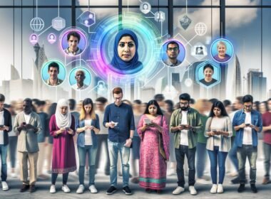 Futuristische digitale Bürger unterschiedlicher Herkunft bedienen in einer lichtdurchfluteten Stadt Hologramme für digitale Identität, Blockchain und Netzwerke, unterstützt von modernen Technologien.