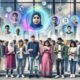 Futuristische digitale Bürger unterschiedlicher Herkunft bedienen in einer lichtdurchfluteten Stadt Hologramme für digitale Identität, Blockchain und Netzwerke, unterstützt von modernen Technologien.