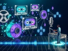 Futuristisches Tonstudio mit digitalen Blockchains, NFTs als gläserne Kassetten, Podcast-Wellen, klassischer Technik und Web3-Elementen, moderner Podcaster am Krypto-Wallet-Interface.