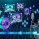 Futuristisches Tonstudio mit digitalen Blockchains, NFTs als gläserne Kassetten, Podcast-Wellen, klassischer Technik und Web3-Elementen, moderner Podcaster am Krypto-Wallet-Interface.