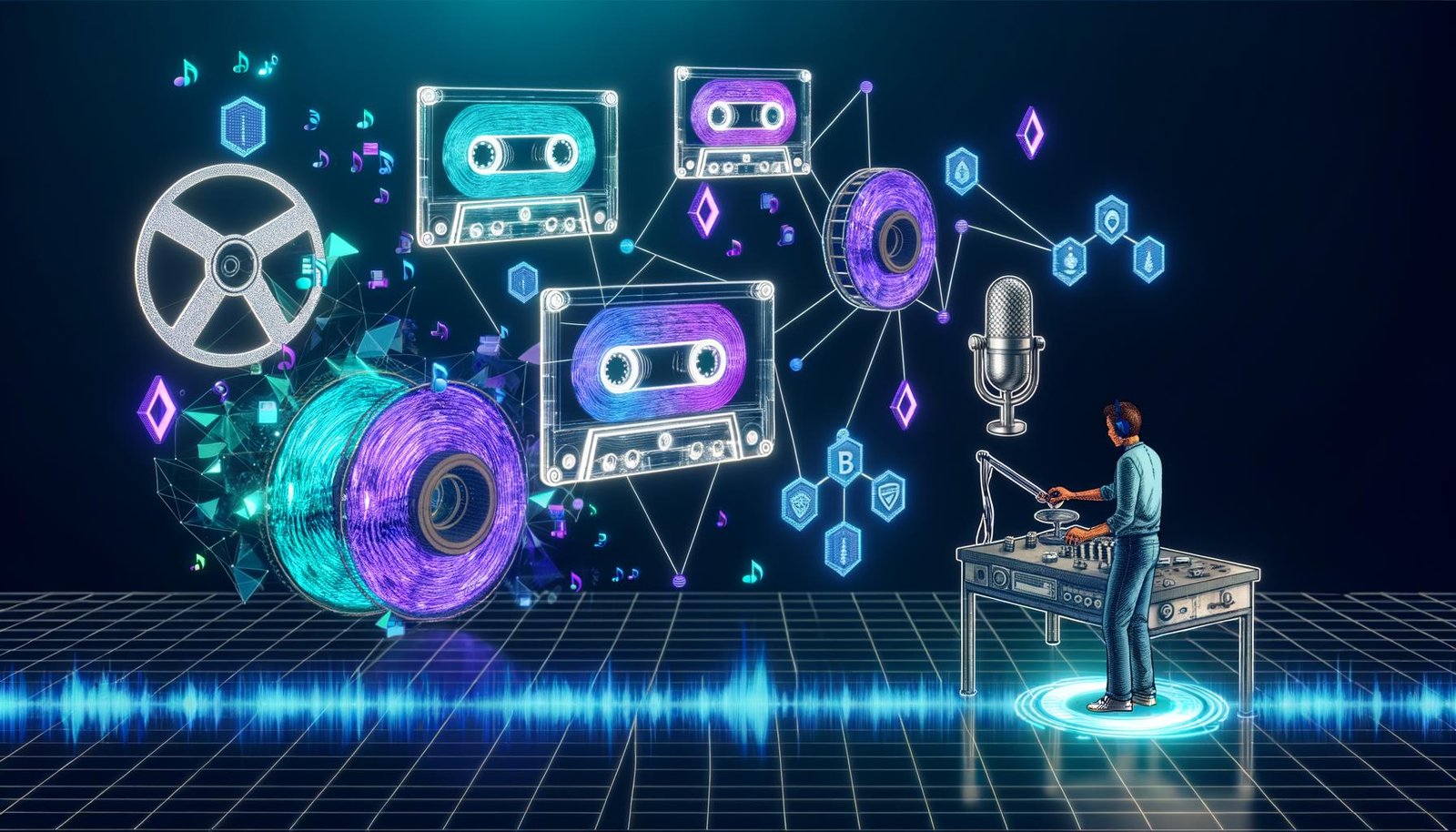 Futuristisches Tonstudio mit digitalen Blockchains, NFTs als gläserne Kassetten, Podcast-Wellen, klassischer Technik und Web3-Elementen, moderner Podcaster am Krypto-Wallet-Interface.