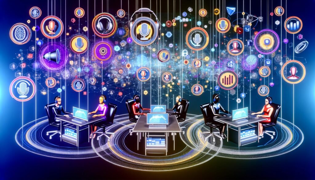 Stylisierte Collage: Marketer an futuristischen Schreibtischen mit schwebenden Podcast-Audiowellen, Sprachsymbolen, SEO-Charts und KI-Dashboards für Voice-Analytics und Marketing-KPIs.