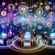 Stylisierte Collage: Marketer an futuristischen Schreibtischen mit schwebenden Podcast-Audiowellen, Sprachsymbolen, SEO-Charts und KI-Dashboards für Voice-Analytics und Marketing-KPIs.